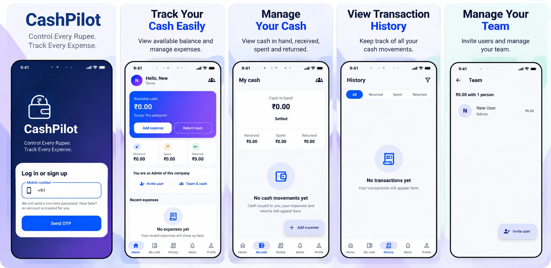 Five CashPilot screens: login, home, my cash, transaction history and team